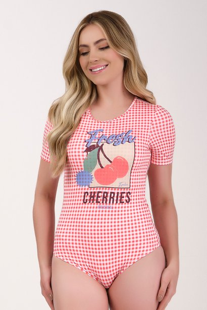 Body Feminino Vermelho Manga Curta Moda Praia Estampa Vichy Bojo Removível Epulari