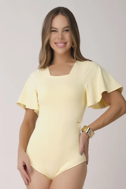 Body Feminino Amarelo Manteiga Manga Flare Poliamida Bojo Removível  Proteção UV Epulari