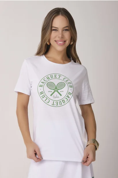 T-Shirt Feminina Branca Algodão Com Estampa Exclusiva Racquet Club Epulari 