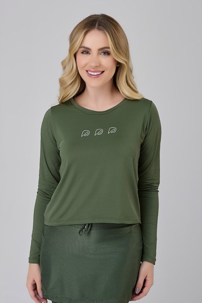 Cropped Manga Longa Verde Militar Poliamida Proteção UV Epulari
