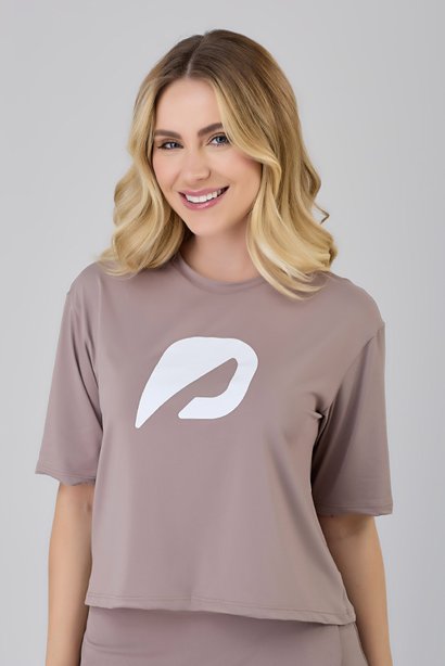 Cropped Feminino Manga Curta Bege Estampa Exclusiva Poliamida Epulari 