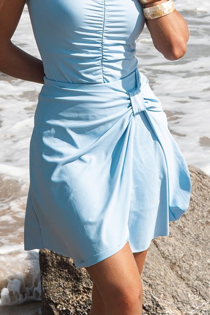 Short Saia Azul Claro Com Laço Moda Praia Modesta Poliamida Proteção UV Epulari